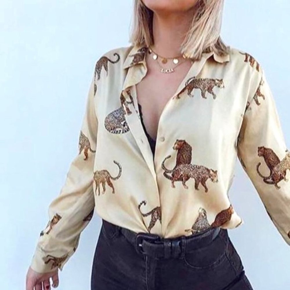 Zara Leopard Safari Cheetah Print Silky Blouse Top Shirt Size Large